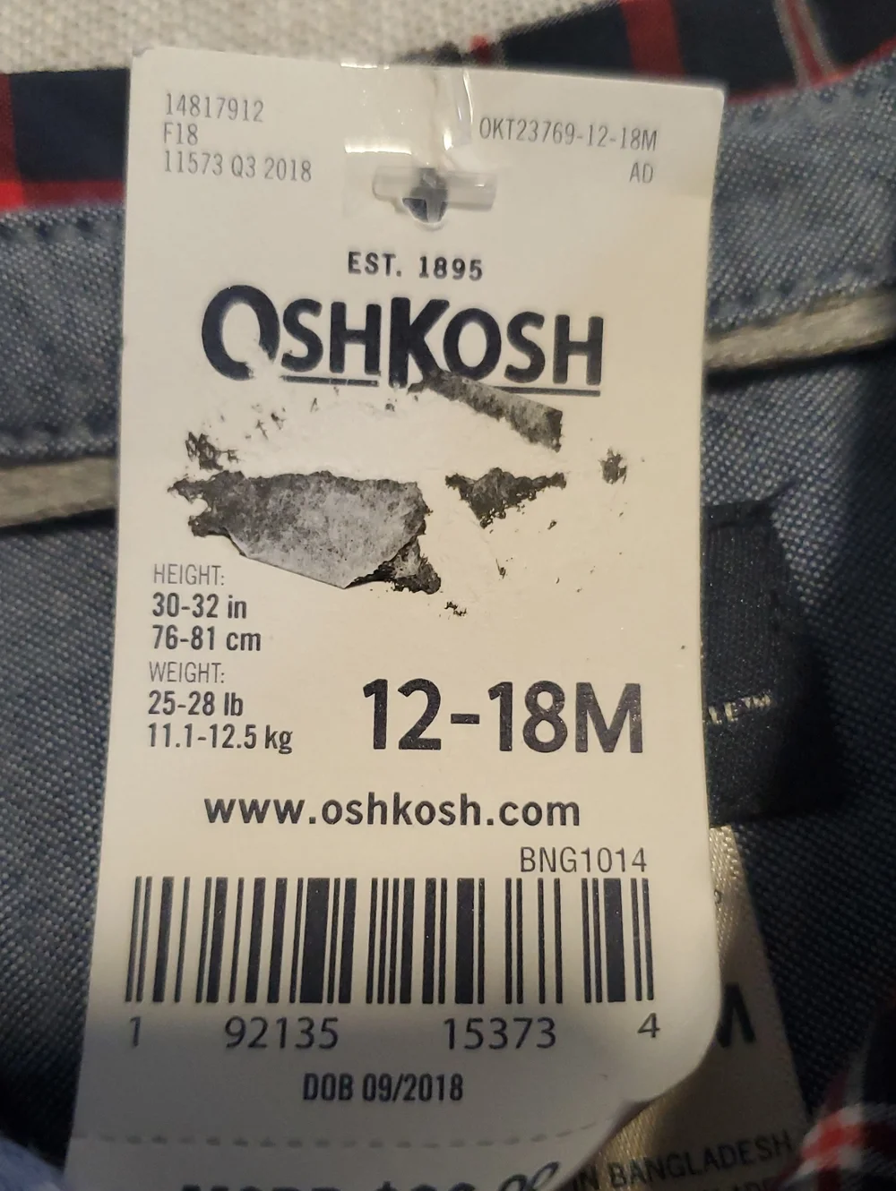 OshKosh B'gosh Navy and Red Plaid Baby Shirt, Size 12-18 M